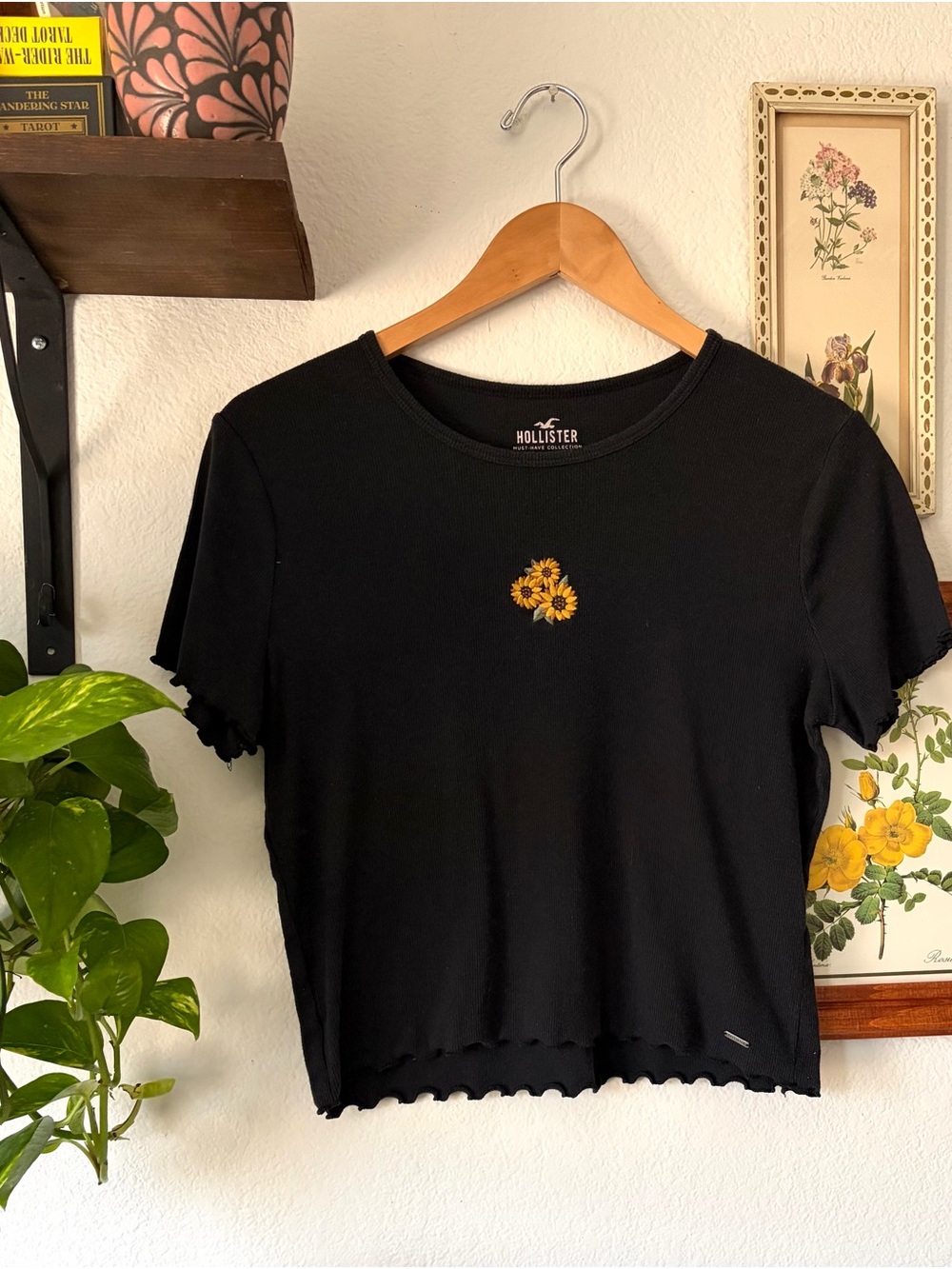 Hollister Black Baby Tee with Sunflower Embroidery - Large